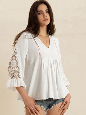 ♥️Hello Gorgeous! V-Neck Lace Flounce Sleeve Top Peasant Blouse